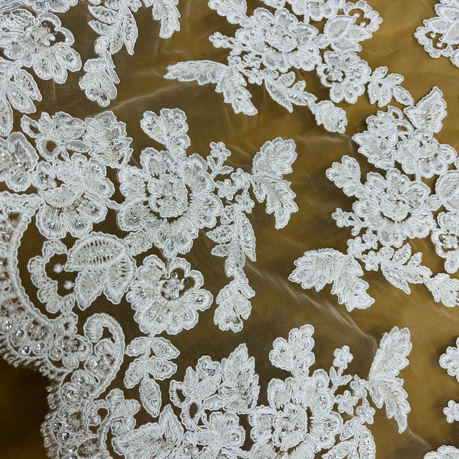 1 Yard Ivory Beaded and Corded Bridal Lace Fabric Embroidered on Polyester Net Mesh 51 Inch Width