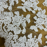 1 Yard Ivory Beaded and Corded Bridal Lace Fabric Embroidered on Polyester Net Mesh 51 Inch Width
