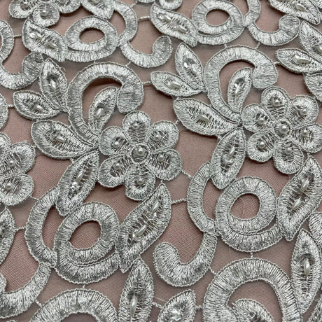1 Yard Beaded Corded Bridal Lace Fabric Embroidered on 100 Percent Polyester Net Mesh 52 Inch Width