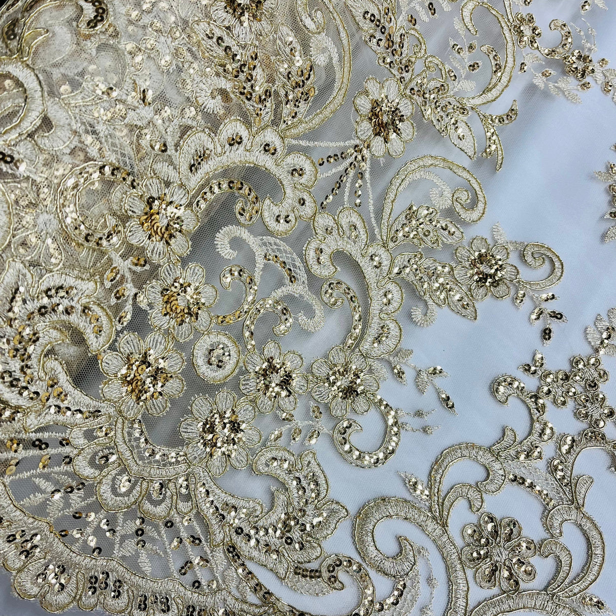 Beaded Corded Bridal Lace Fabric on Polyester Net Mesh