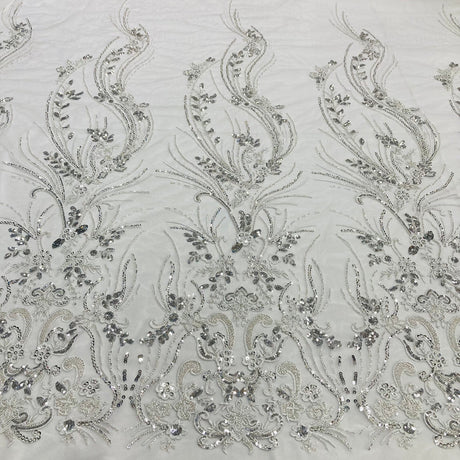 1 Yard Ivory Beaded Lace Fabric Embroidered on 100 Percent Polyester Net Mesh 54 Inch Width