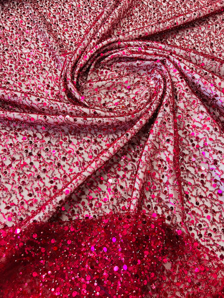 All Over Beaded Lace Polyester Fabric - Beaded, Sequins, Pearls, Mesh Lace, 54" Width (1 Yard)