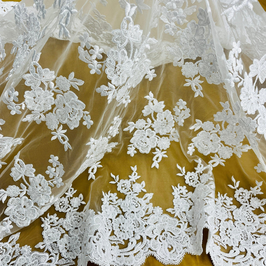 1 Yard Ivory with Silver Beaded and Corded Bridal Lace Fabric on Polyester Net Mesh 51 Inch Width