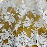 1 Yard Ivory with Silver Beaded and Corded Bridal Lace Fabric on Polyester Net Mesh 51 Inch Width