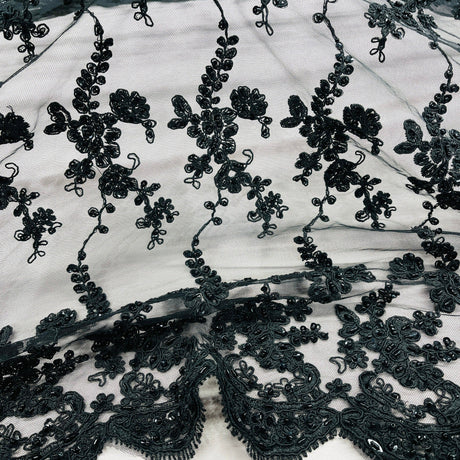 Beaded Corded Lace Fabric - Embroidered Polyester Net Mesh, 54" Wide, Navy, Black, Red (1 Yard)