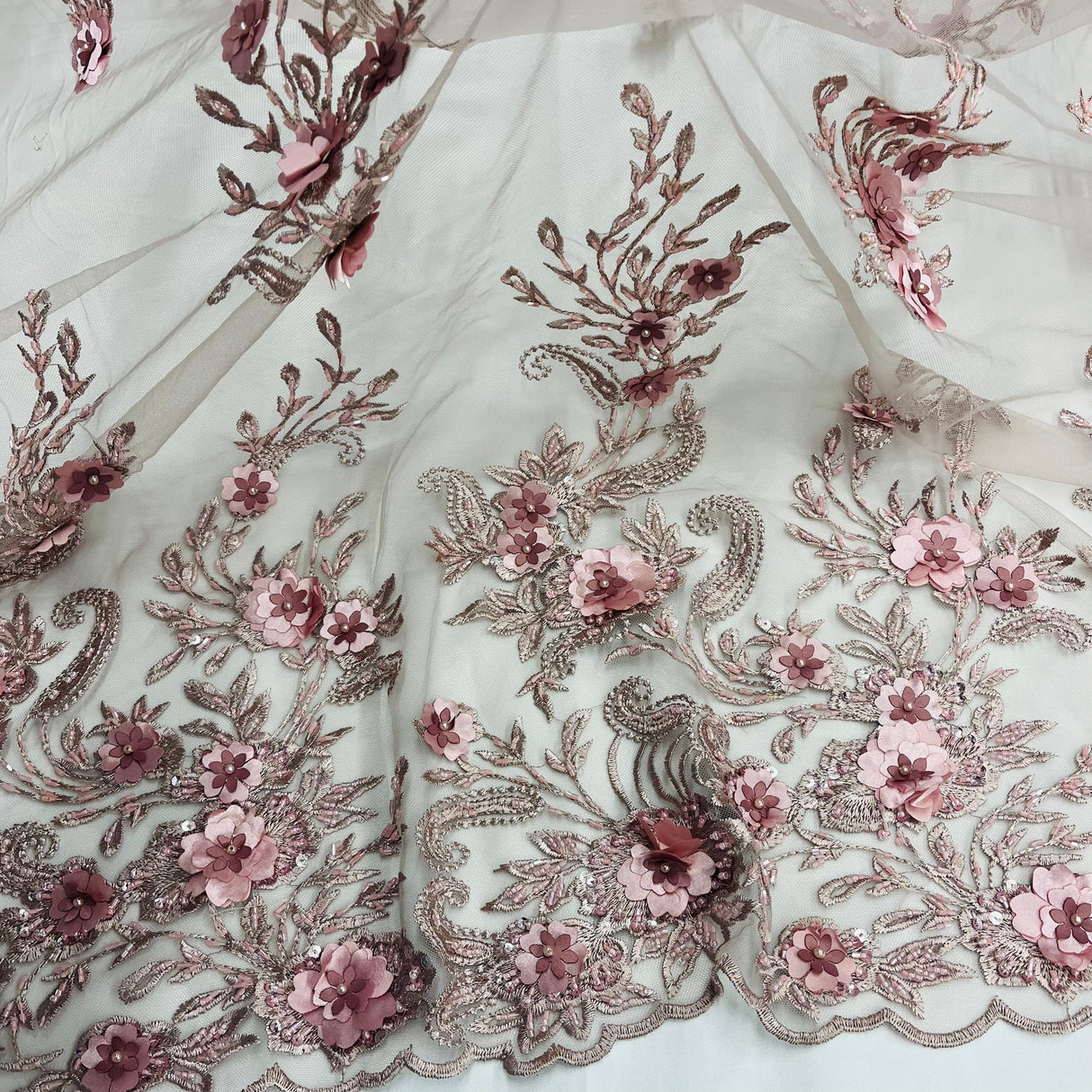 Beaded 3D Floral Lace Polyester Fabric - Black, Dusty Rose, Vanilla, 51" Width (1 Yard)