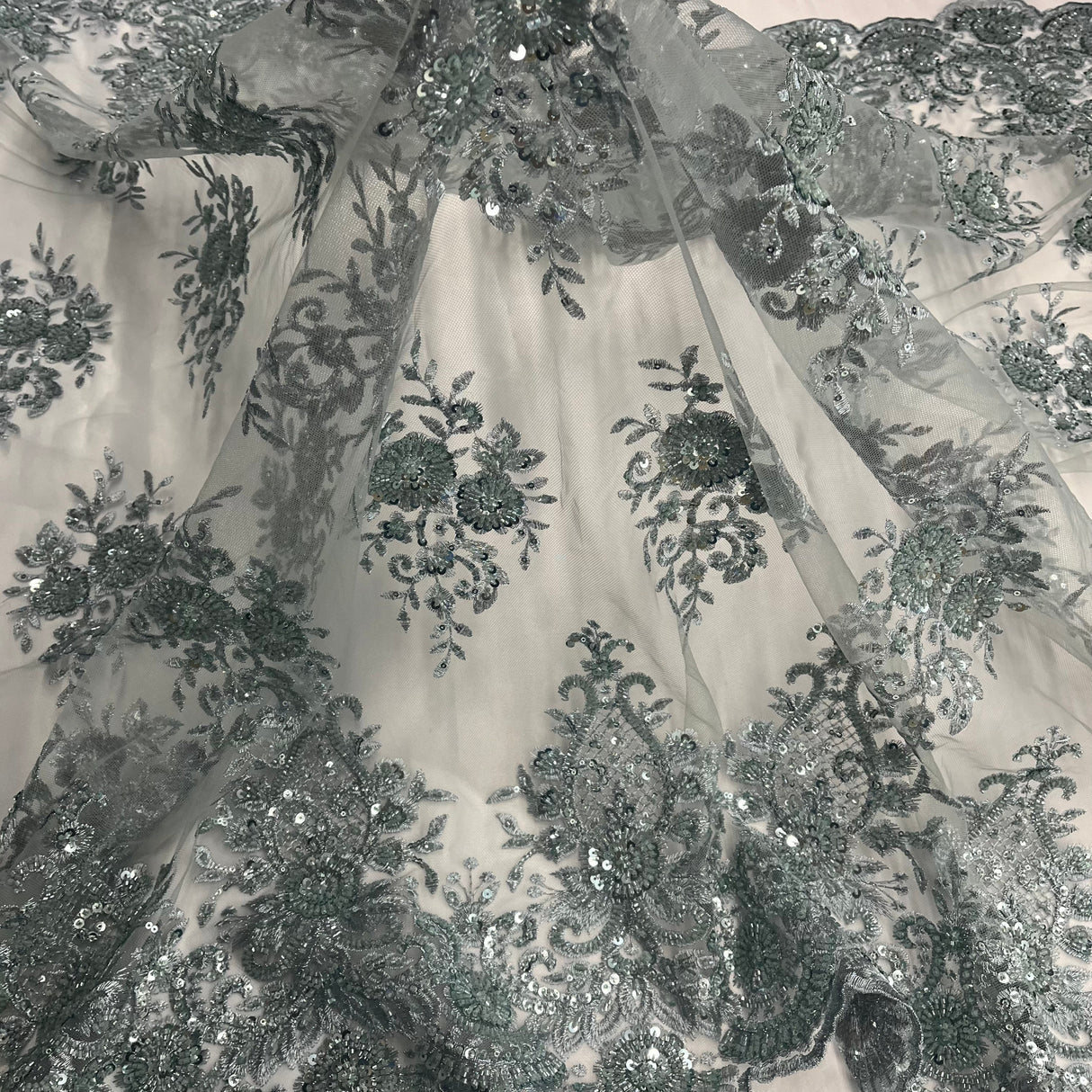 Beaded Lace Fabric on Polyester Net Mesh 50"