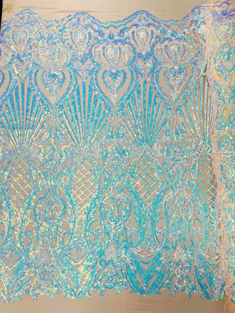 Sea Shell Sequin Damask Polyester Fabric - Iridescent Sequin Damask, 54" Width (1 Yard)