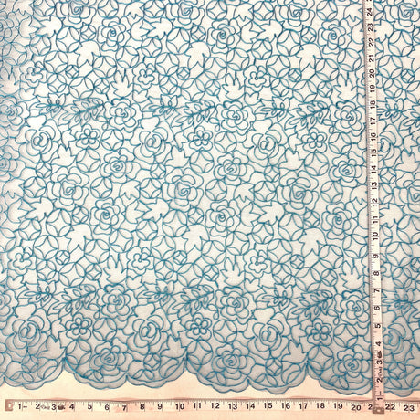 Corded Bridal Lace Fabric Embroidered On 100 Percent Polyester Net Mesh - Turquoise, Silver/Copper, Emerald, 53" Width (1 Yard)