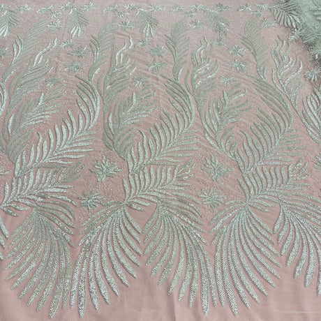 1 Yard Beaded and Corded Bridal Lace Fabric Embroidered on Polyester Net Mesh