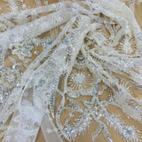 Beaded Sequined Lace Fabric Ivory Silver