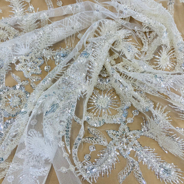 Beaded Sequined Lace Fabric Ivory Silver