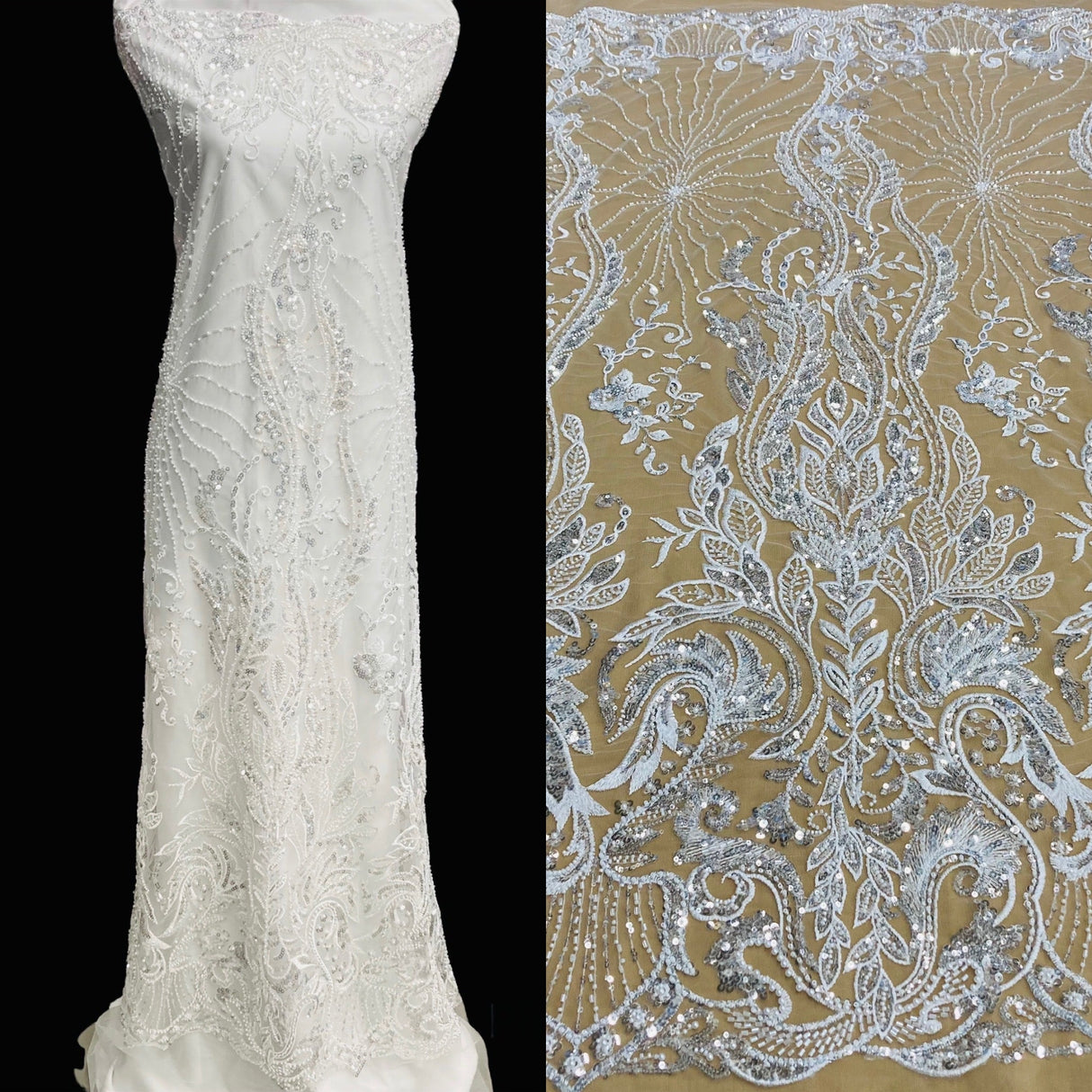 Beaded Lace Fabric on Polyester Net Mesh 51"