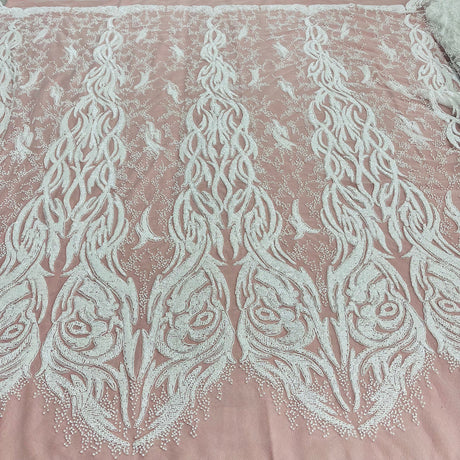 1 Yard Beaded and Corded Bridal Lace Fabric Embroidered on Polyester Net Mesh