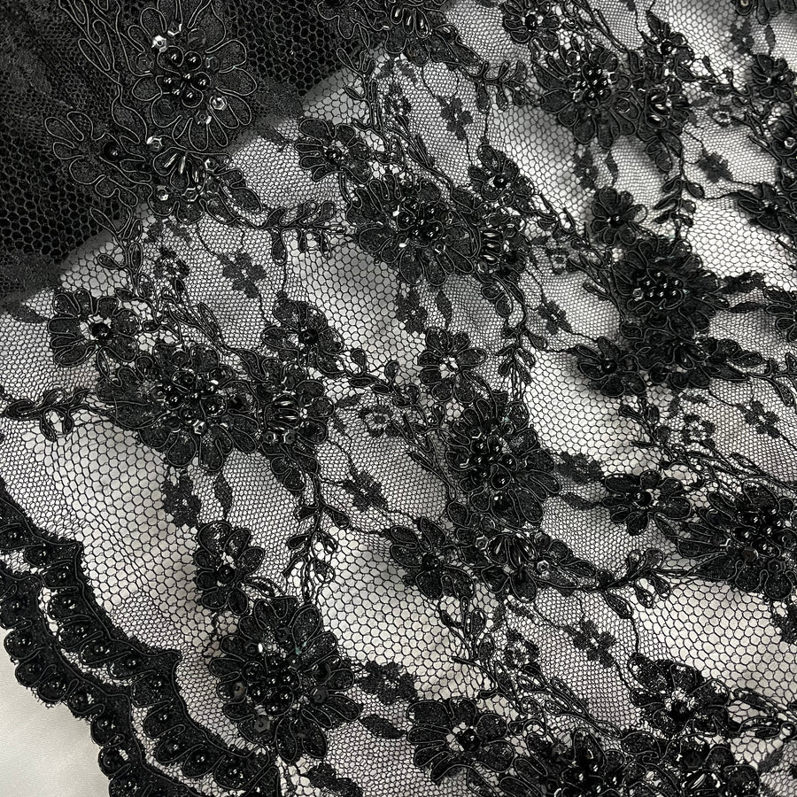 1 Yard Premium Beaded and Corded Lace Fabric Embroidered on Polyester Net Mesh