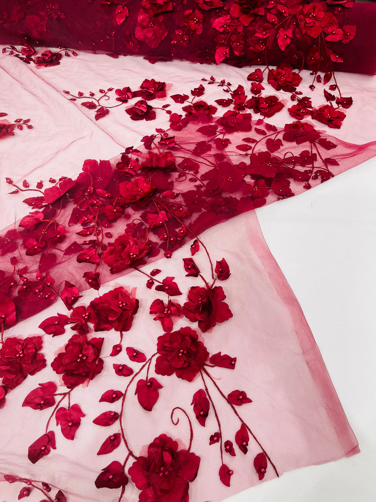 Orquidia 3D Floral Design Embroidered With Pearls Lace Fabric - 3D Floral Mesh Lace, 54" Width (1 Yard)