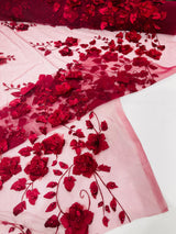 Orquidia 3D Floral Design Embroidered With Pearls Lace Fabric - 3D Floral Mesh Lace, 54" Width (1 Yard)