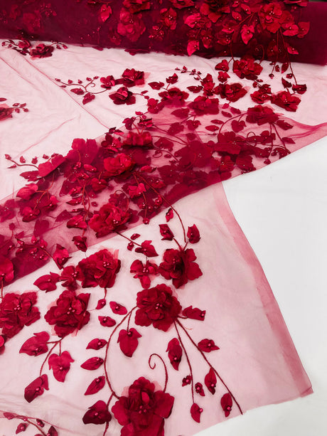 Orquidia 3D Floral Design Embroidered With Pearls Lace Fabric - 3D Floral Mesh Lace, 54" Width (1 Yard)