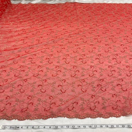 Beaded Lace Fabric Embroidered On 100 Percent Polyester Net Mesh - Red, 52" Width (1 Yard)