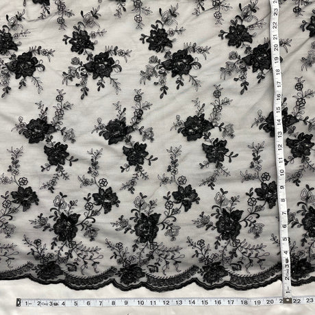 Beaded Lace Fabric on Black Polyester Mesh