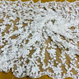 Beaded 3D Floral Lace 100 Percent Polyester Fabric - Off White, Embroidered Net Mesh, 44" Width (1 Yard)