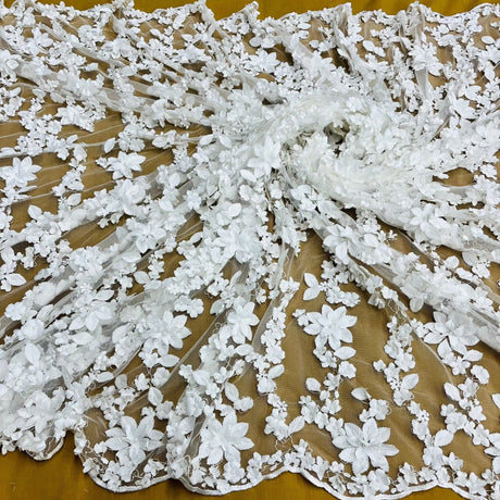 Beaded 3D Floral Lace 100 Percent Polyester Fabric - Off White, Embroidered Net Mesh, 44" Width (1 Yard)
