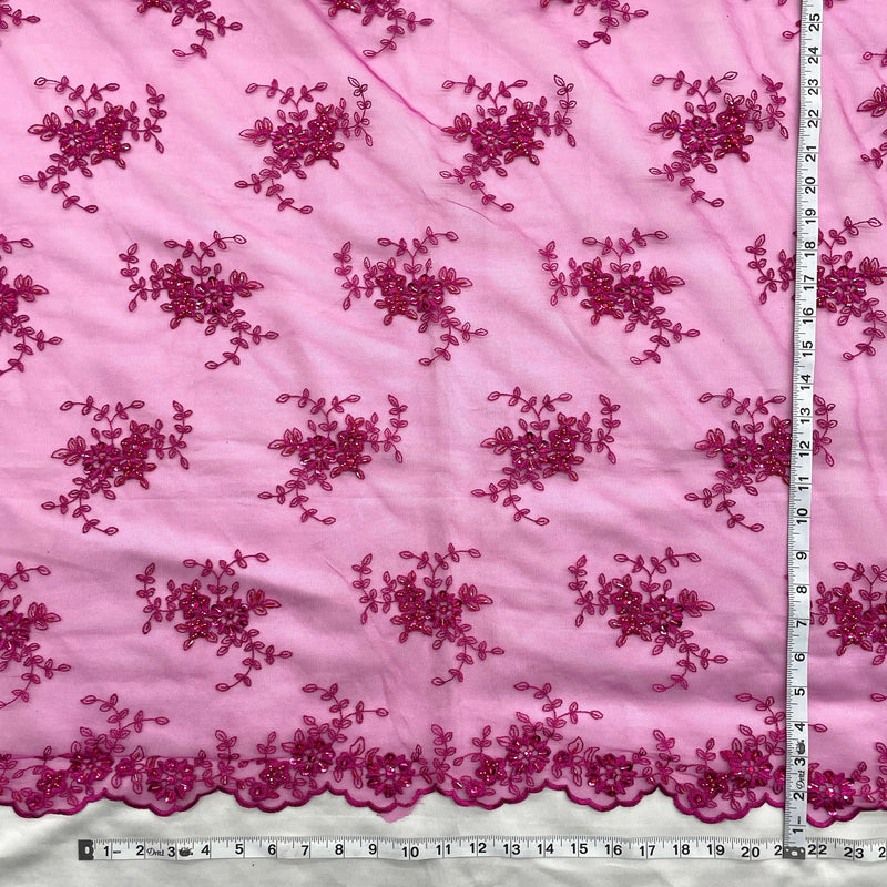 Beaded Lace Fabric - Fuchsia Beaded Embroidered Lace, 51" Width (1 Yard)