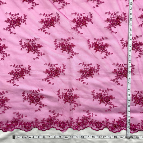 Beaded Lace Fabric - Fuchsia Beaded Embroidered Lace, 51" Width (1 Yard)