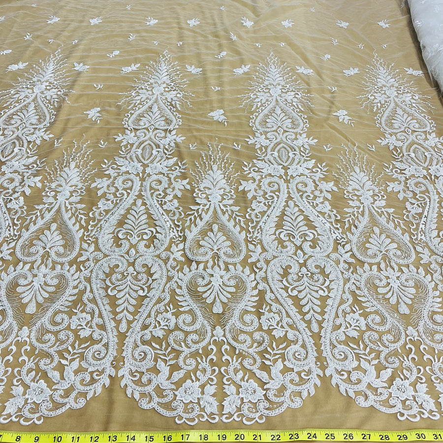 1 Yard Luxurious Beaded Lace Fabric Embroidered on Polyester Net Mesh White and Ivory