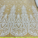 1 Yard Luxurious Beaded Lace Fabric Embroidered on Polyester Net Mesh White and Ivory