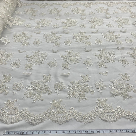 Beaded Lace Fabric Embroidered On 100 Percent Polyester Net Mesh - Ivory With Silver, White With Silver, 54" Width (1 Yard)