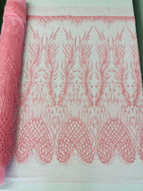 Wing Feather Damask Beaded Lace Fabric - Feather Damask, Beaded Mesh Lace, 50-54" Width (1 Yard)