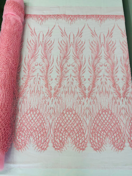 Wing Feather Damask Beaded Lace Fabric - Feather Damask, Beaded Mesh Lace, 50-54" Width (1 Yard)