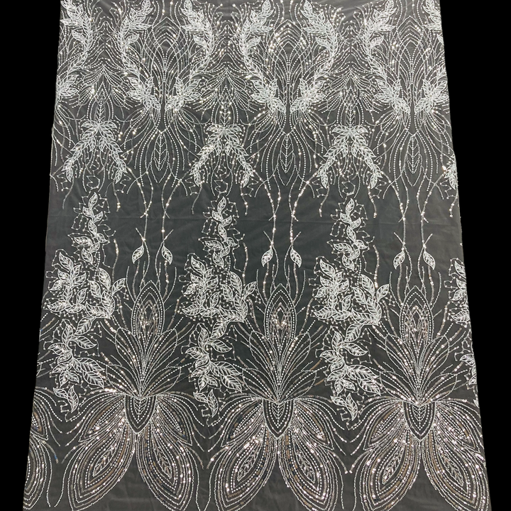 1 Yard Elegant Beaded Lace Fabric Embroidered on 100% Polyester Net Mesh White