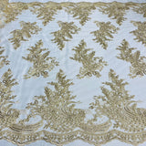 1 Yard Beaded and Corded Bridal Lace Fabric Embroidered on Polyester Net Mesh