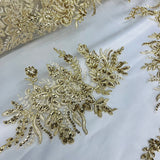 1 Yard Elegant Beaded and Corded Bridal Lace Fabric Embroidered on 100% Polyester Net Mesh White