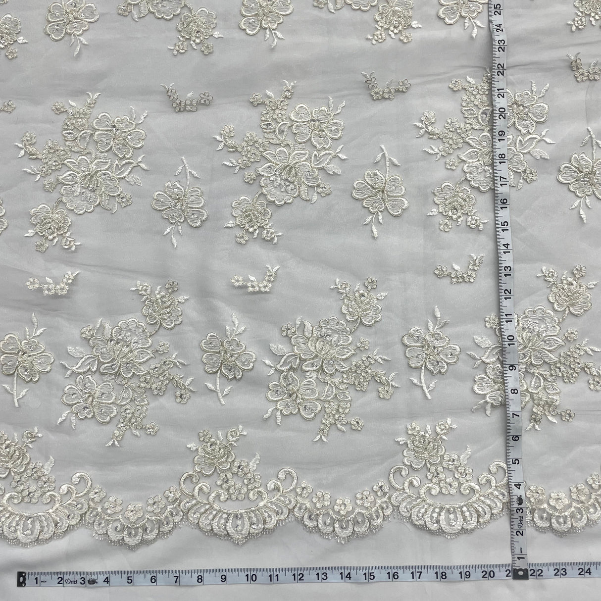Beaded Lace Fabric Embroidered Mesh Ivory Silver