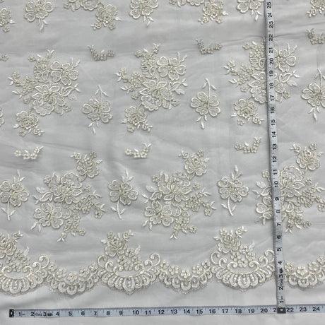 Beaded Lace Fabric Embroidered Mesh Ivory Silver