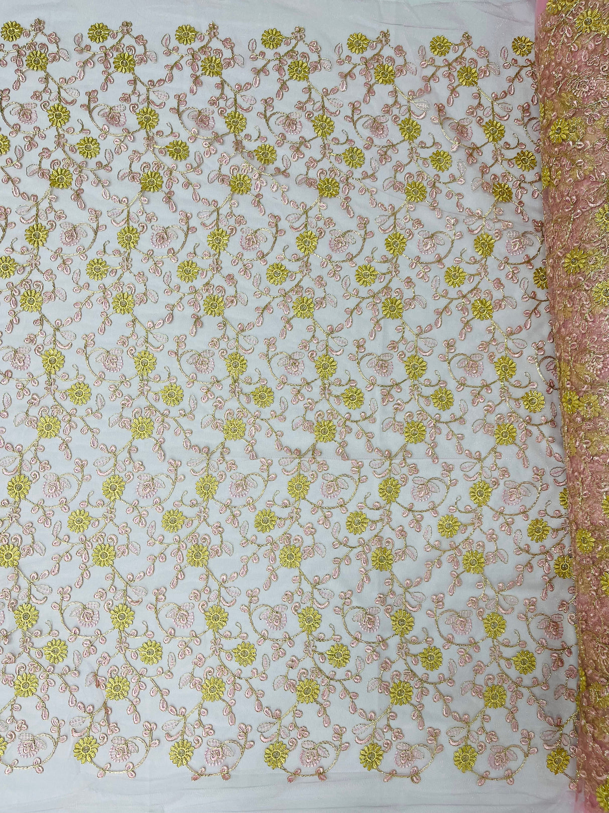 Daisy Multi Color Gold Metallic Floral Design Embroidered On A Red Mesh Lace Fabric - Red Mesh Lace, Gold Metallic Floral Design, 50" Width (1 Yard)