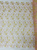 Daisy Multi Color Gold Metallic Floral Design Embroidered On A Red Mesh Lace Fabric - Red Mesh Lace, Gold Metallic Floral Design, 50" Width (1 Yard)