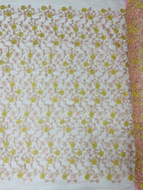 Daisy Multi Color Gold Metallic Floral Design Embroidered On A Red Mesh Lace Fabric - Red Mesh Lace, Gold Metallic Floral Design, 50" Width (1 Yard)