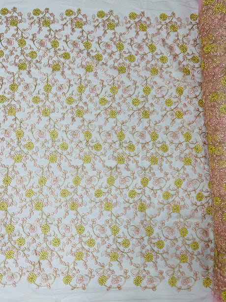 Daisy Multi Color Gold Metallic Floral Design Embroidered On A Red Mesh Lace Fabric - Red Mesh Lace, Gold Metallic Floral Design, 50" Width (1 Yard)