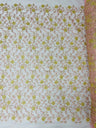Daisy Multi Color Gold Metallic Floral Design Embroidered On A Red Mesh Lace Fabric - Red Mesh Lace, Gold Metallic Floral Design, 50" Width (1 Yard)
