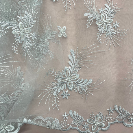 Beaded Lace Fabric Embroidered On 100 Percent Polyester Net Mesh - Lt. Blue, Turquoise, Silver, Floral Beaded Sequin Pattern, 52" Width (1 Yard)