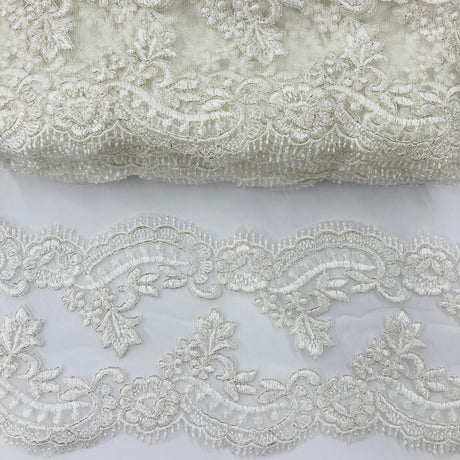 Corded Double Sided Lace Trimming 100 Percent Polyester Fabric - Embroidered Net Mesh, Ivory With Silver, 5" Width (1 Yard)