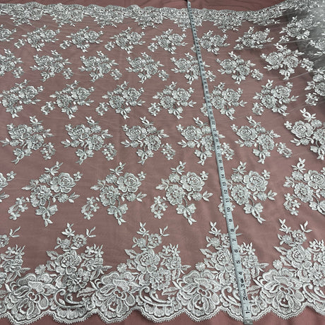 1 Yard Ivory Corded Bridal Lace Fabric Embroidered on Polyester Net Mesh 51 Inch Width