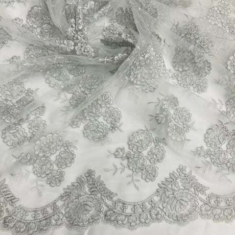 Corded Bridal Lace Polyester Fabric - Embroidered Net Mesh, 50" Width (1 Yard)