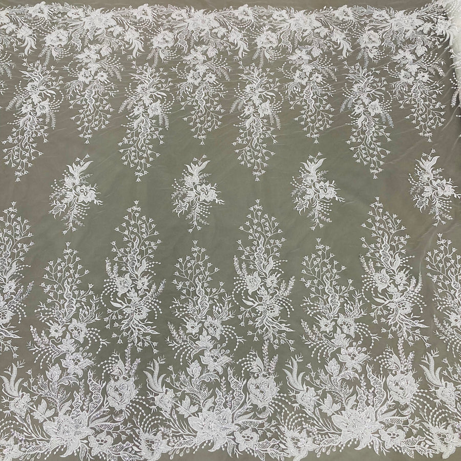 1 Yard Elegant Beaded Lace Fabric White