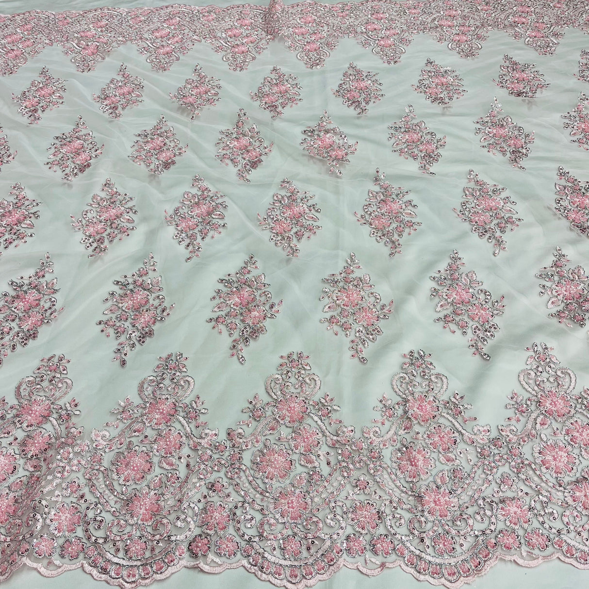 Beaded Corded Lace Fabric - Scalloped Embroidered Metallic Lace, 54" Width (1 Yard)