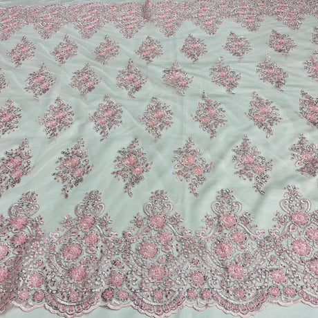 Beaded Corded Lace Fabric - Scalloped Embroidered Metallic Lace, 54" Width (1 Yard)